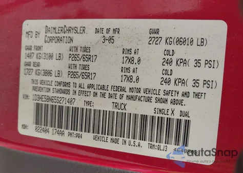 2005 Dodge Dakota Laramie z USA, uszkodzony, nr VIN 1D3HE58N65S271407